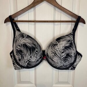 Cacique Black White Palm Leaf Tropical Underwire Bra 42D Adjustable Straps‎